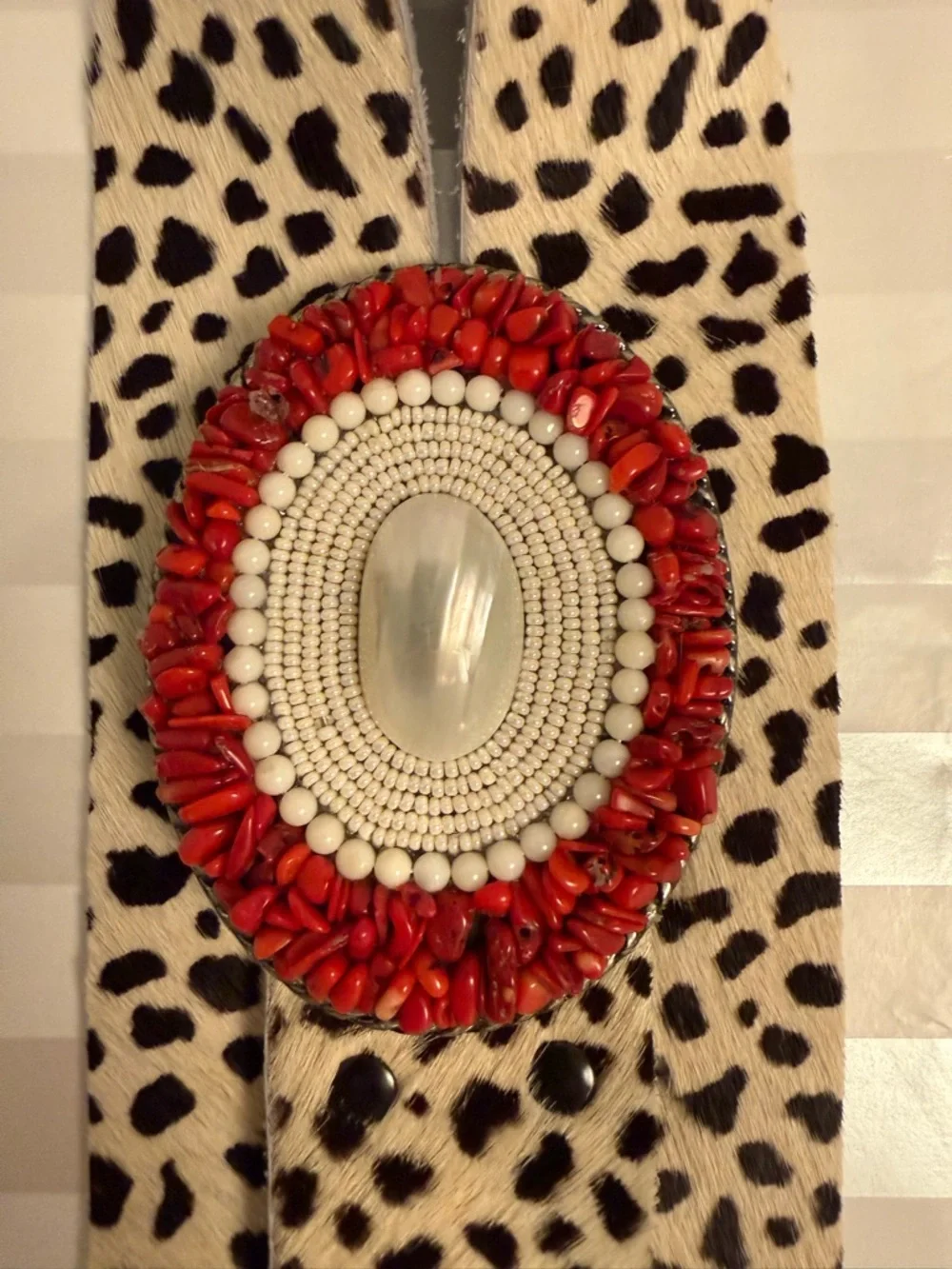 Platteppus Leopard Belt w/Hand Beaded Mother of Pearl & Bamboo Coral Buckle